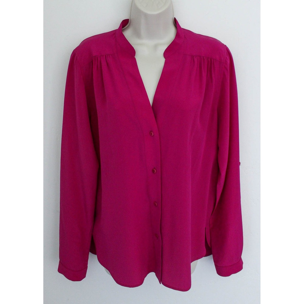 Diane von Furstenberg Top Size 12 Hot Pink 100% Silk Button Up Roll Tab Sleeves